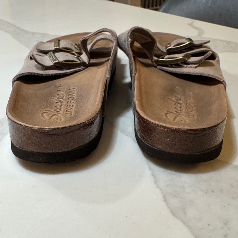 Skechers Granola Luxe Foam Dual Strap Slide Sandals. Women’s size 6. Taupe - Picture 12 of 16